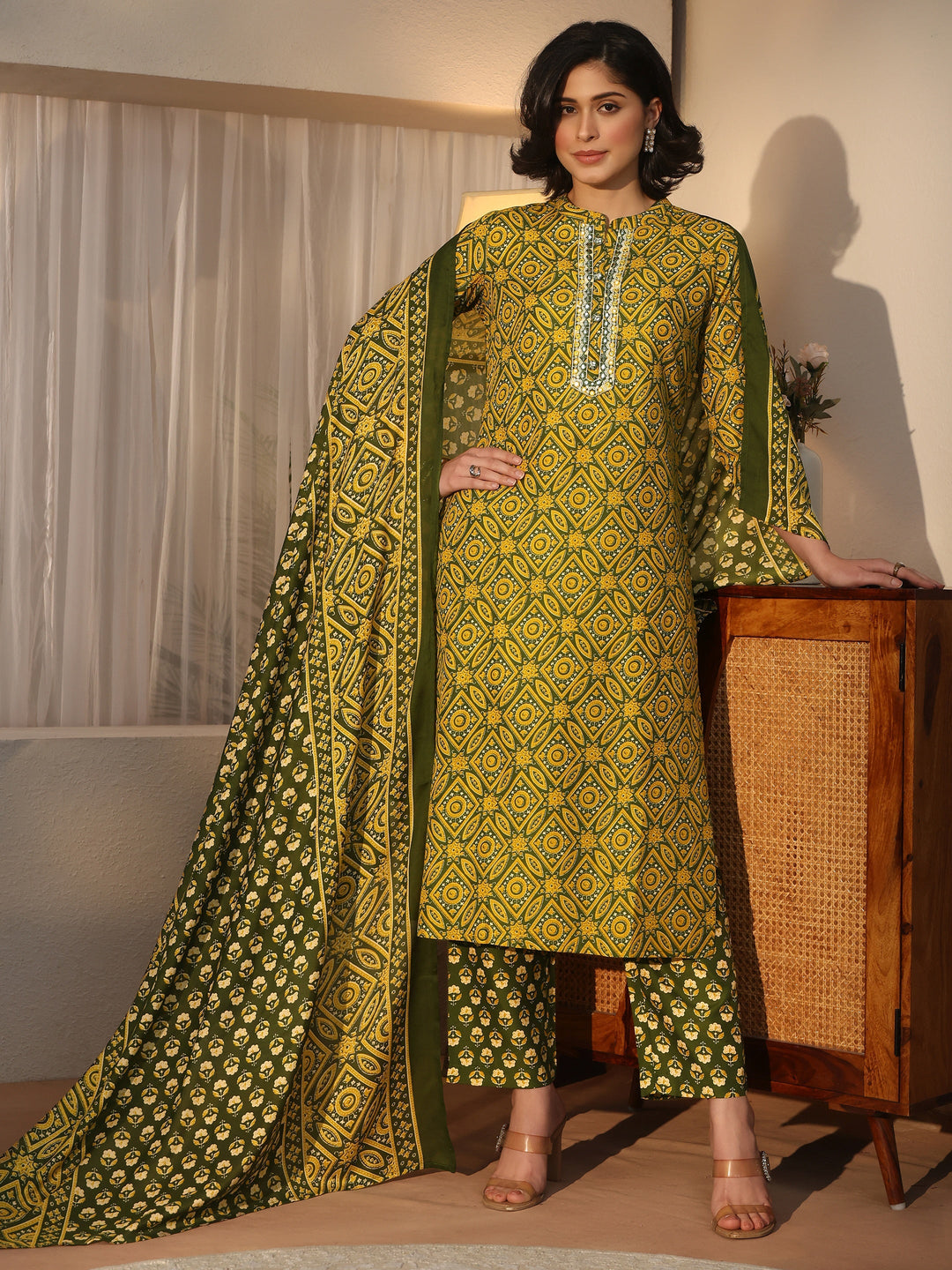  Gerua Green Ajrakh Printed Straight Suit Set 