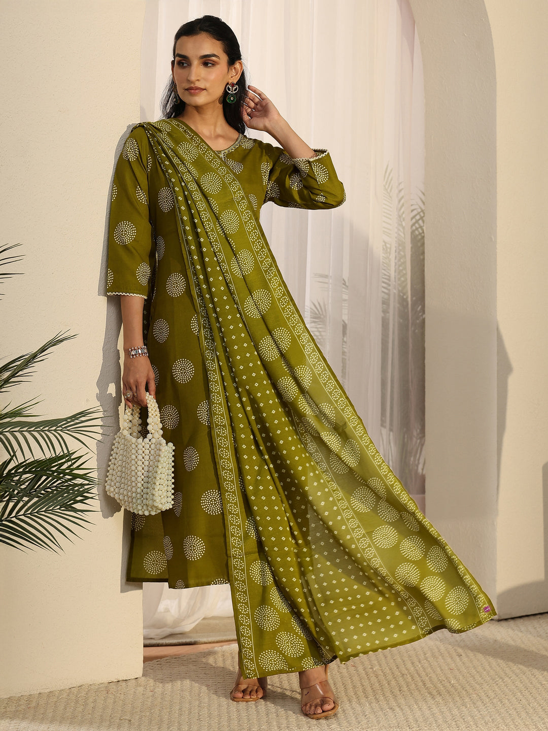 Gerua Green Circular Print Cotton Blend Straight Suit Set