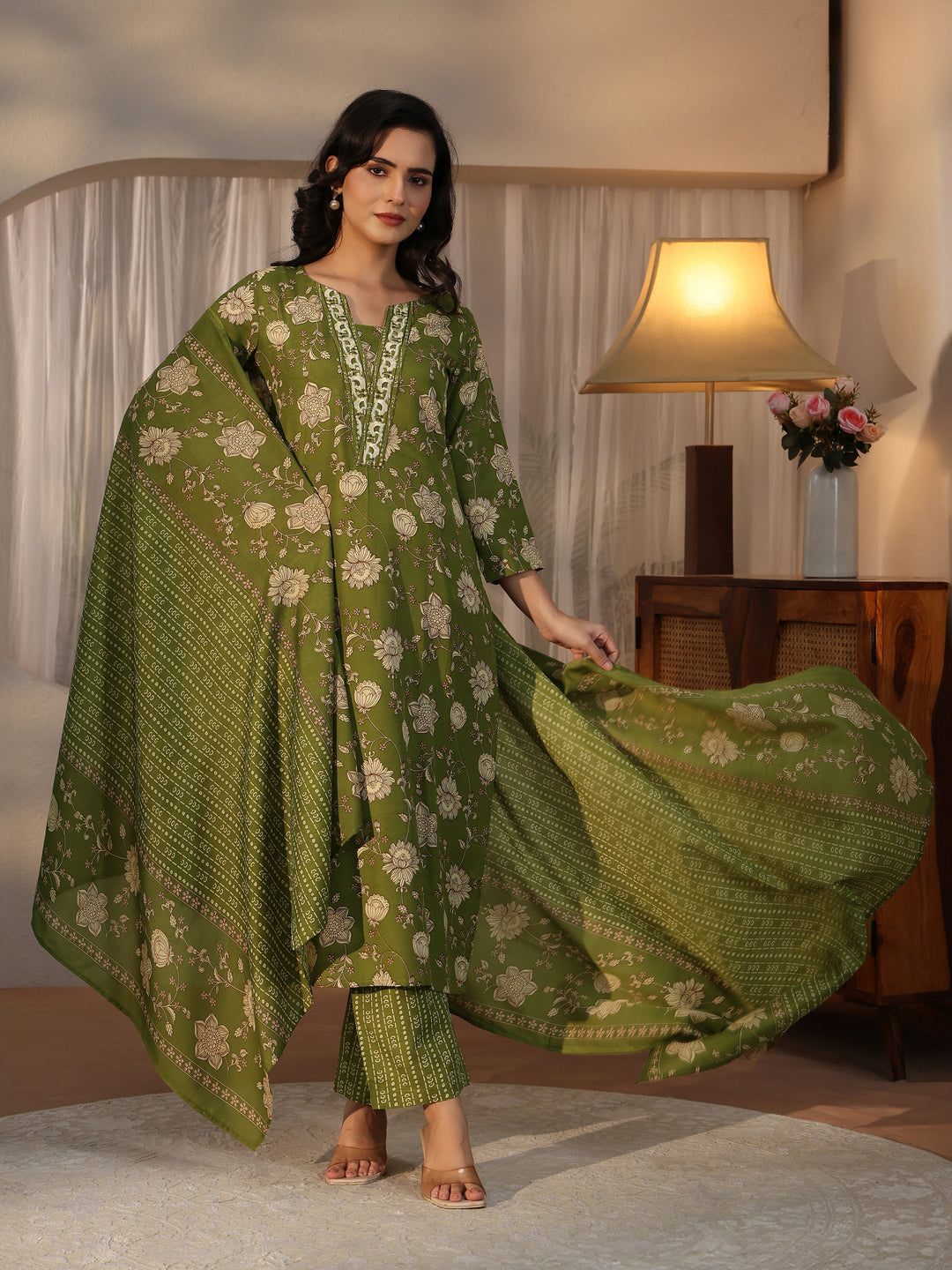  Gerua Green Floral Printed Straight Suit Set 