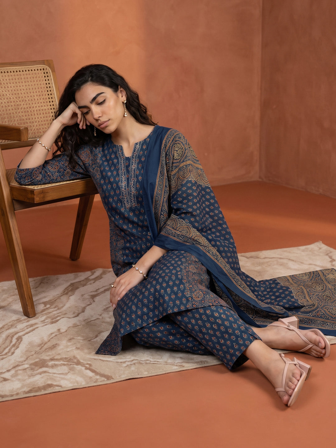  Gerua Indigo Blue Ethnic Printed Straight Suit Set 