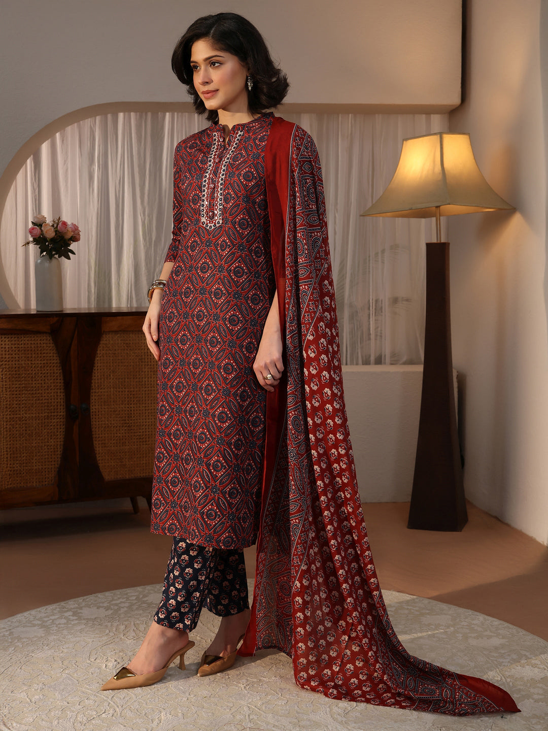  Gerua Maroon Ajrakh Printed Straight Suit Set 