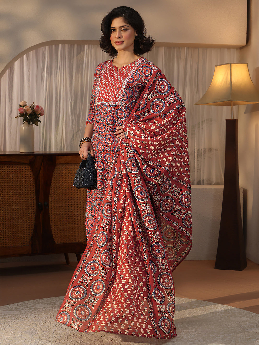  Gerua Maroon Ethnic Printed Straight Suit Set 