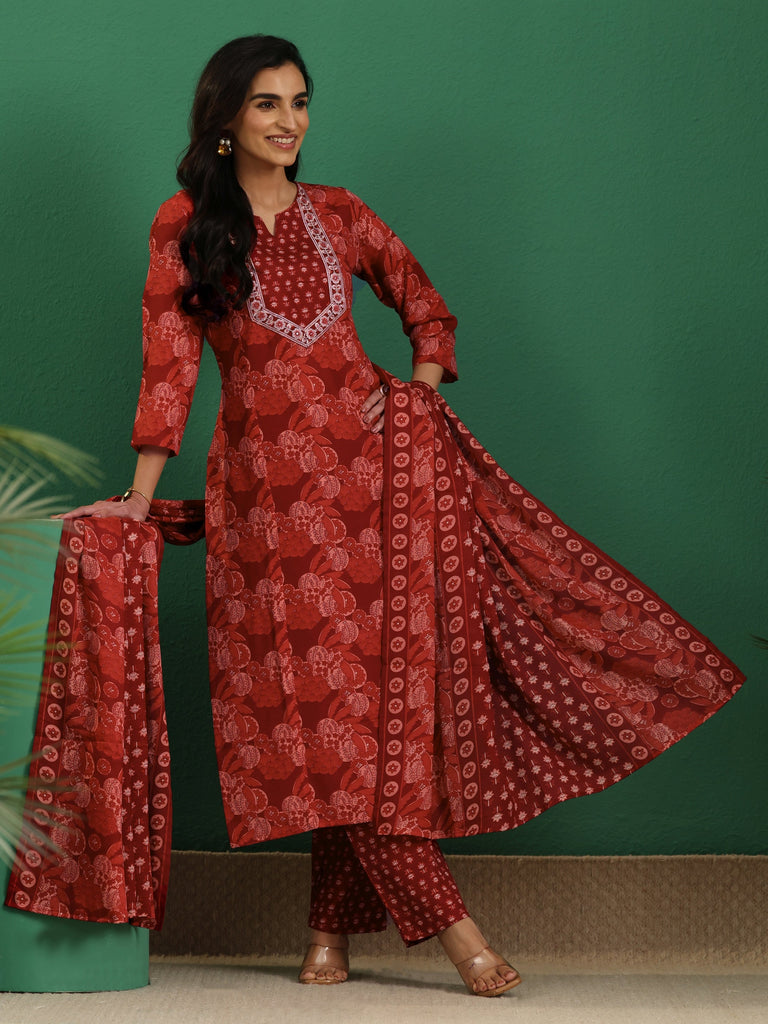 Gerua Maroon Floral Printed Cotton Blend A-Line Suit Set