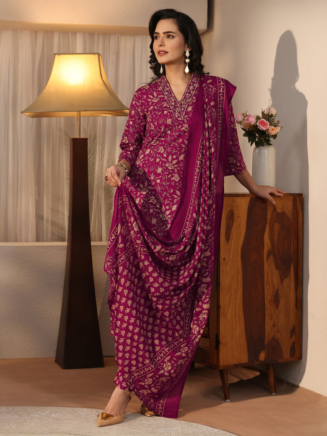 Gerua Maroon Floral Printed Straight Suit Set 