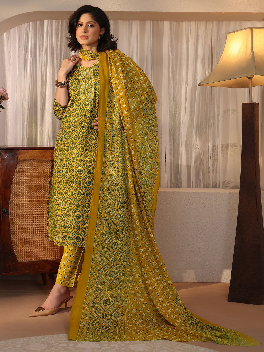  Gerua Mustard Ajrakh Printed Straight Suit Set 