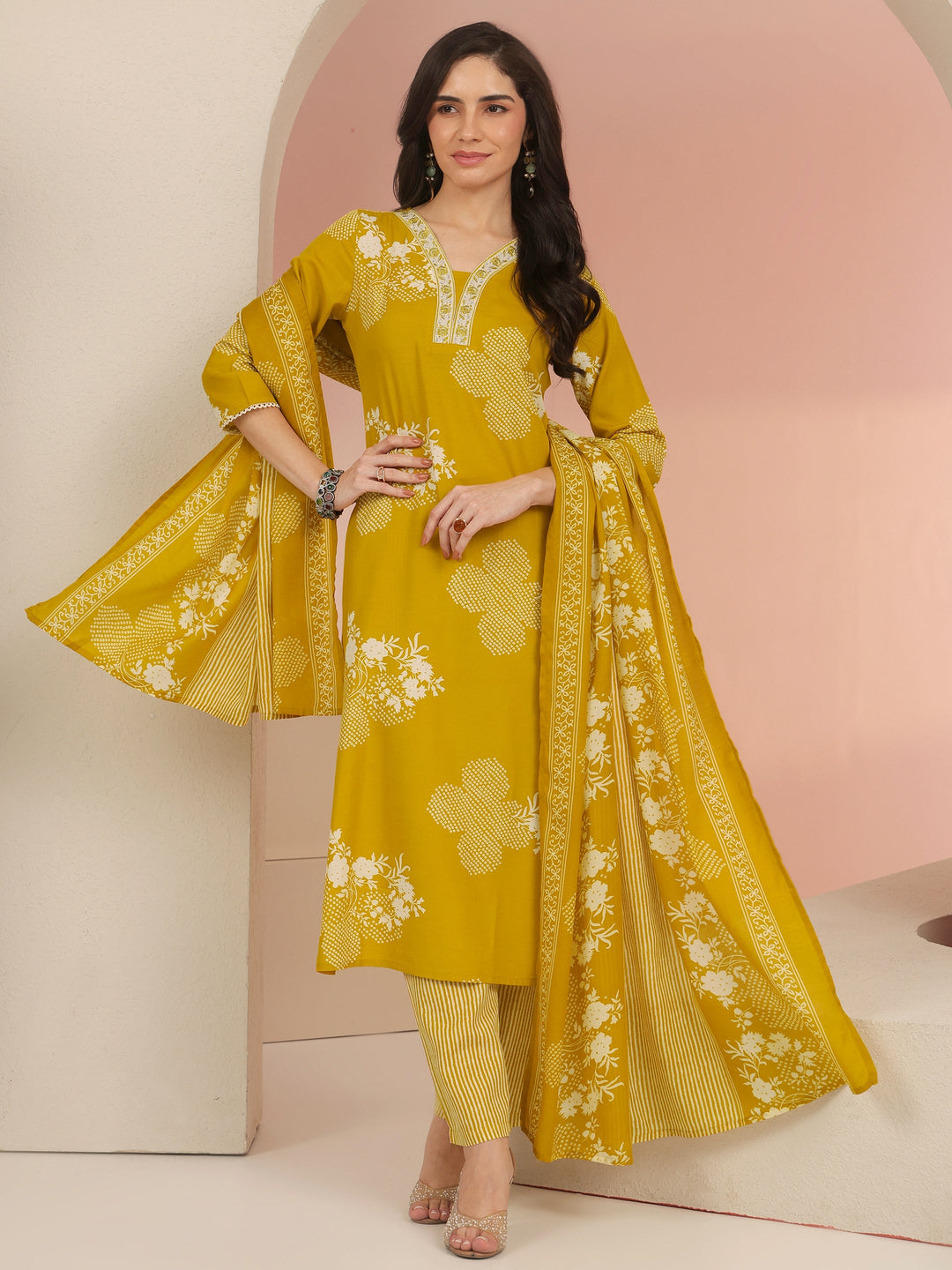  Gerua Mustard Bandhani Printed Cotton Blend Straight Suit Set 