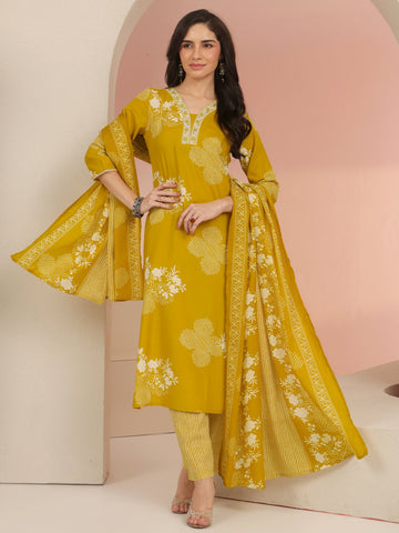 Gerua Mustard Bandhani Printed Cotton Blend Straight Suit Set