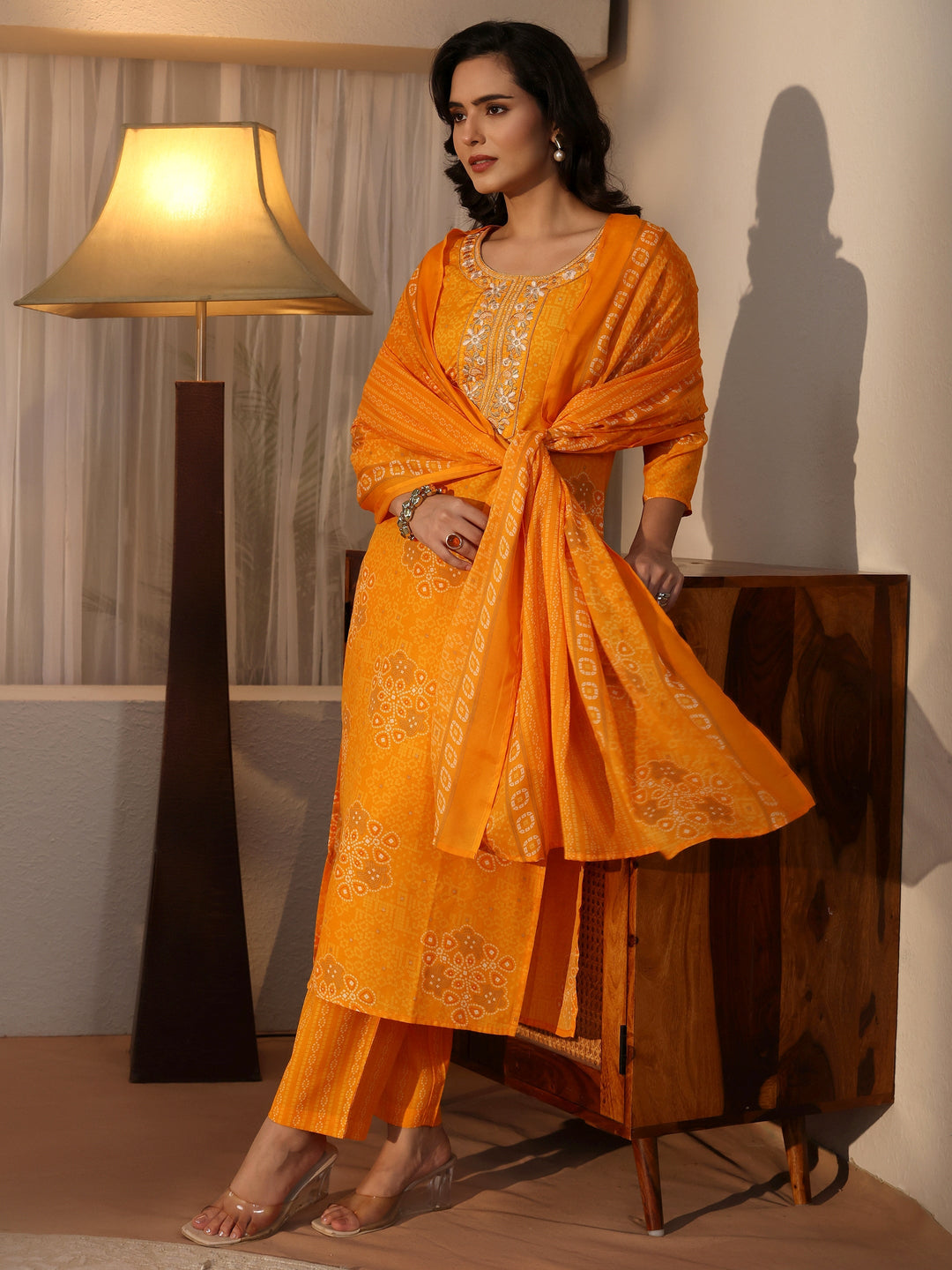  Gerua Mustard Bandhani Printed Straight Suit Set 