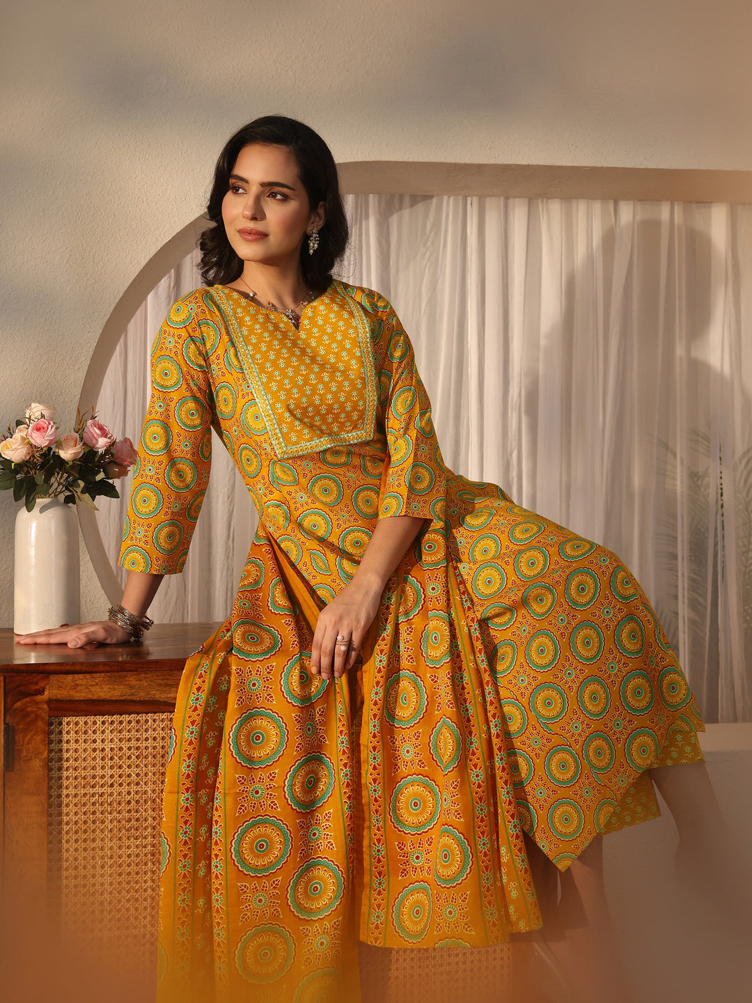  Gerua Mustard Ethnic Printed Straight Suit Set 