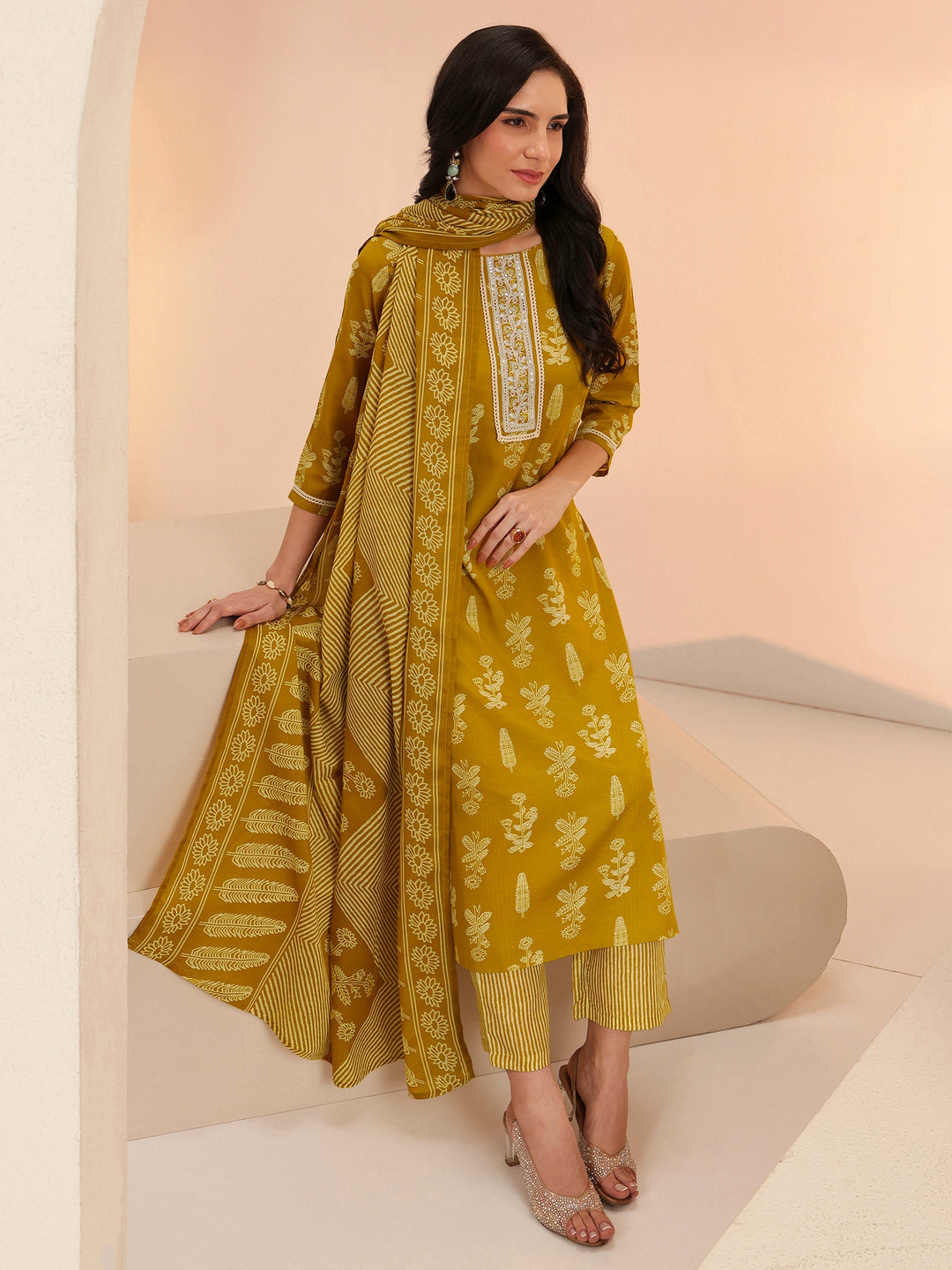  Gerua Mustard Floral Printed Cotton Blend Straight Suit Set 
