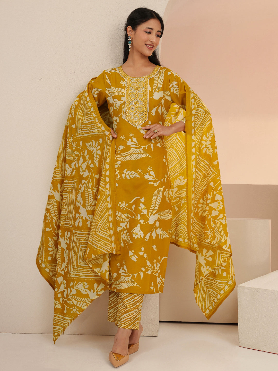  Gerua Mustard Floral Printed Cotton Blend Straight Suit Set 