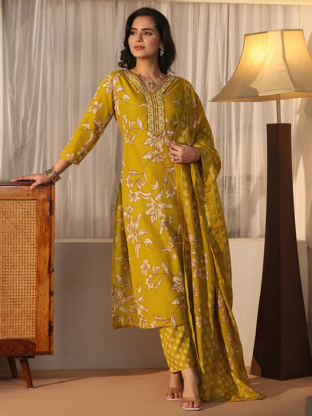  Gerua Mustard Floral Printed Straight Suit Set 