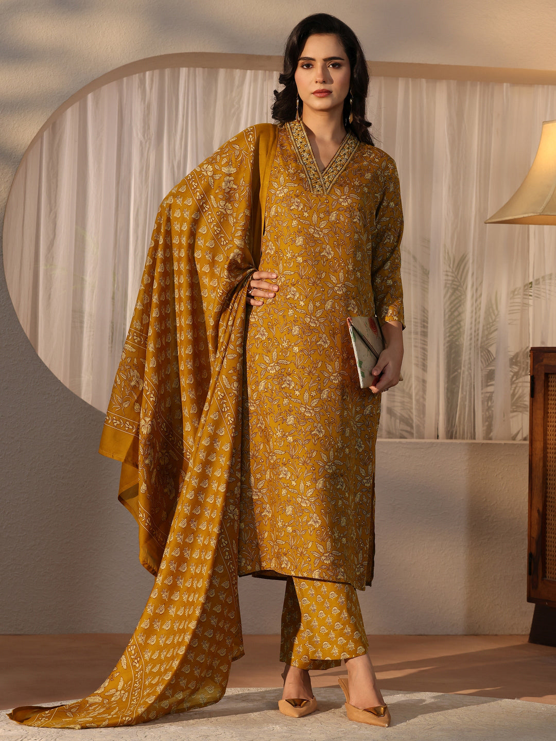  Gerua Mustard Floral Printed Straight Suit Set 