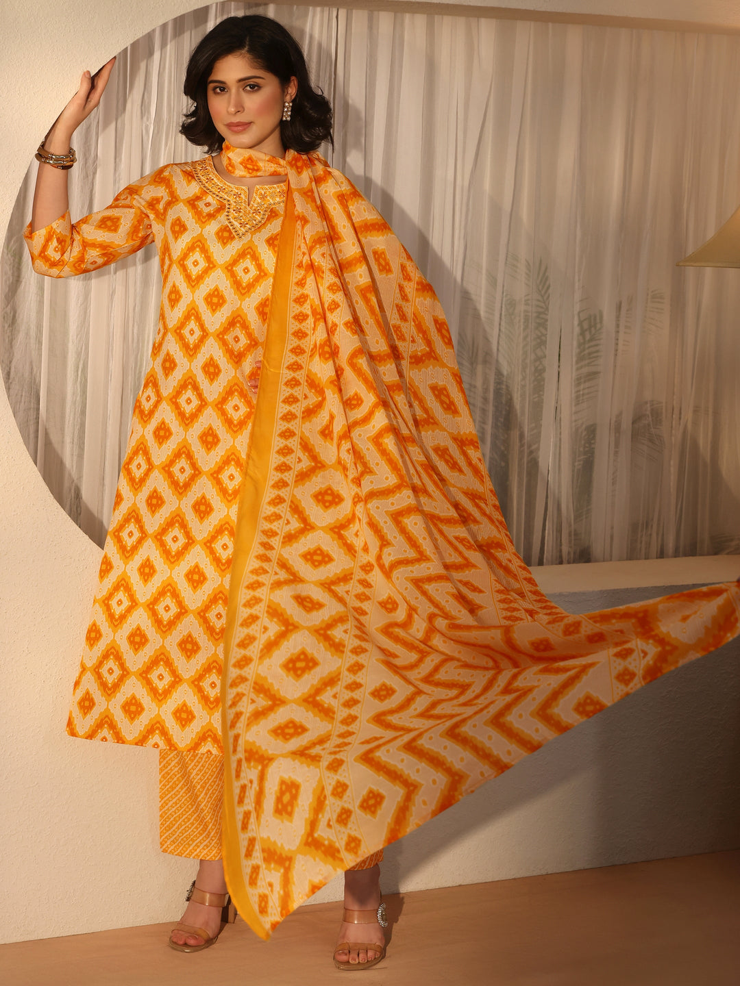  Gerua Mustard Geometric Printed Straight Suit Set 