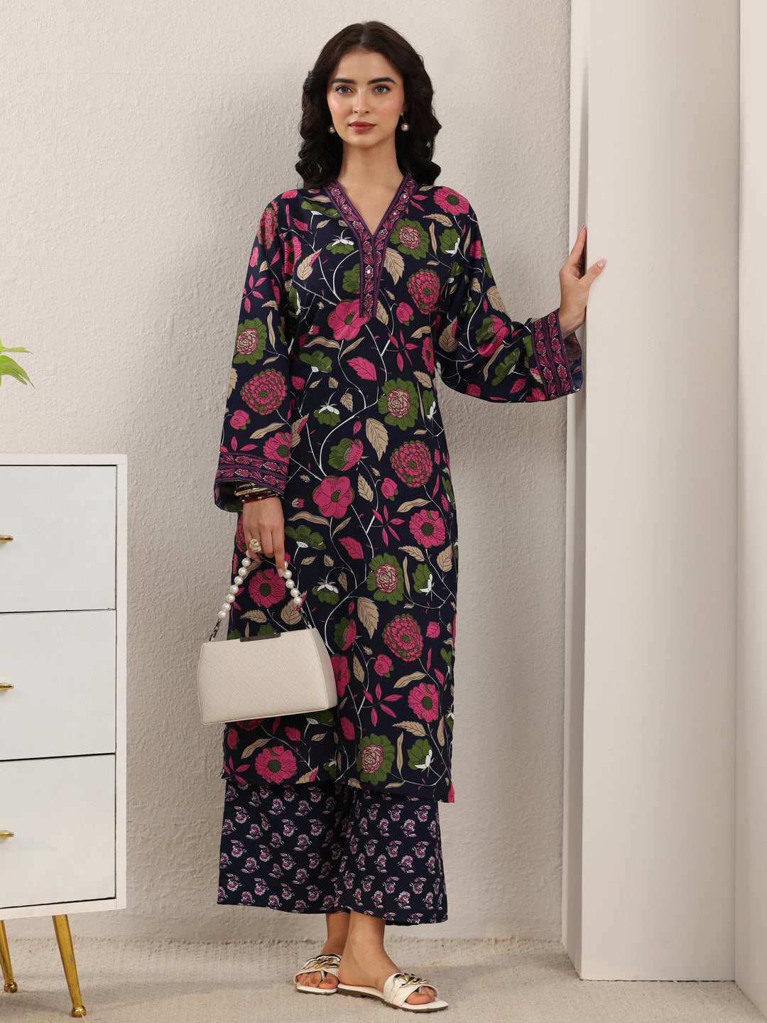  Gerua Navy Blue Floral Printed Cotton Blend Straight Kurta Set 