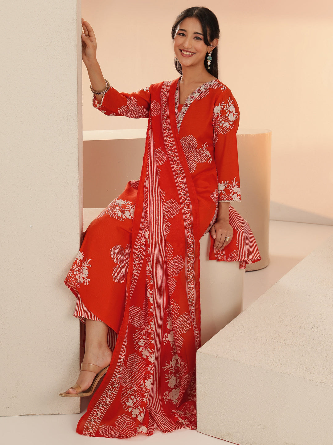 Gerua Orange Bandhani Printed Cotton Blend Straight Suit Set 