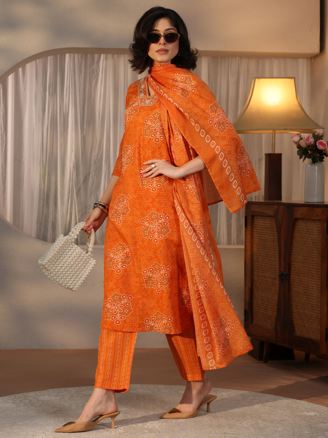  Gerua Orange Bandhani Printed Straight Suit Set 