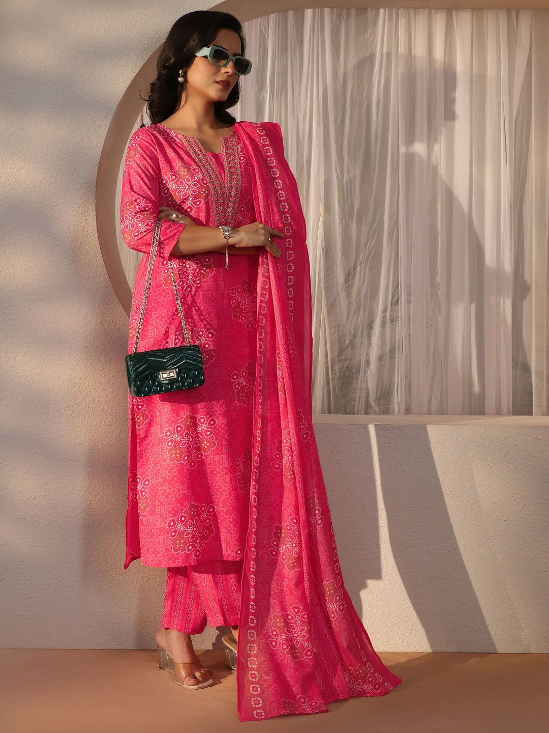  Gerua Pink Bandhani Printed Straight Suit Set 