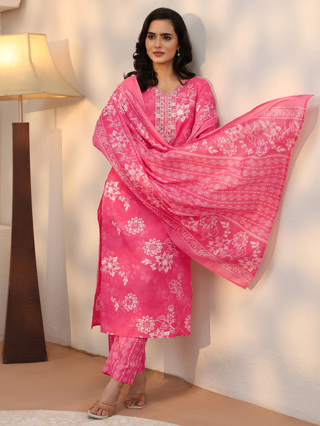  Gerua Pink Floral Printed Straight Suit Set 