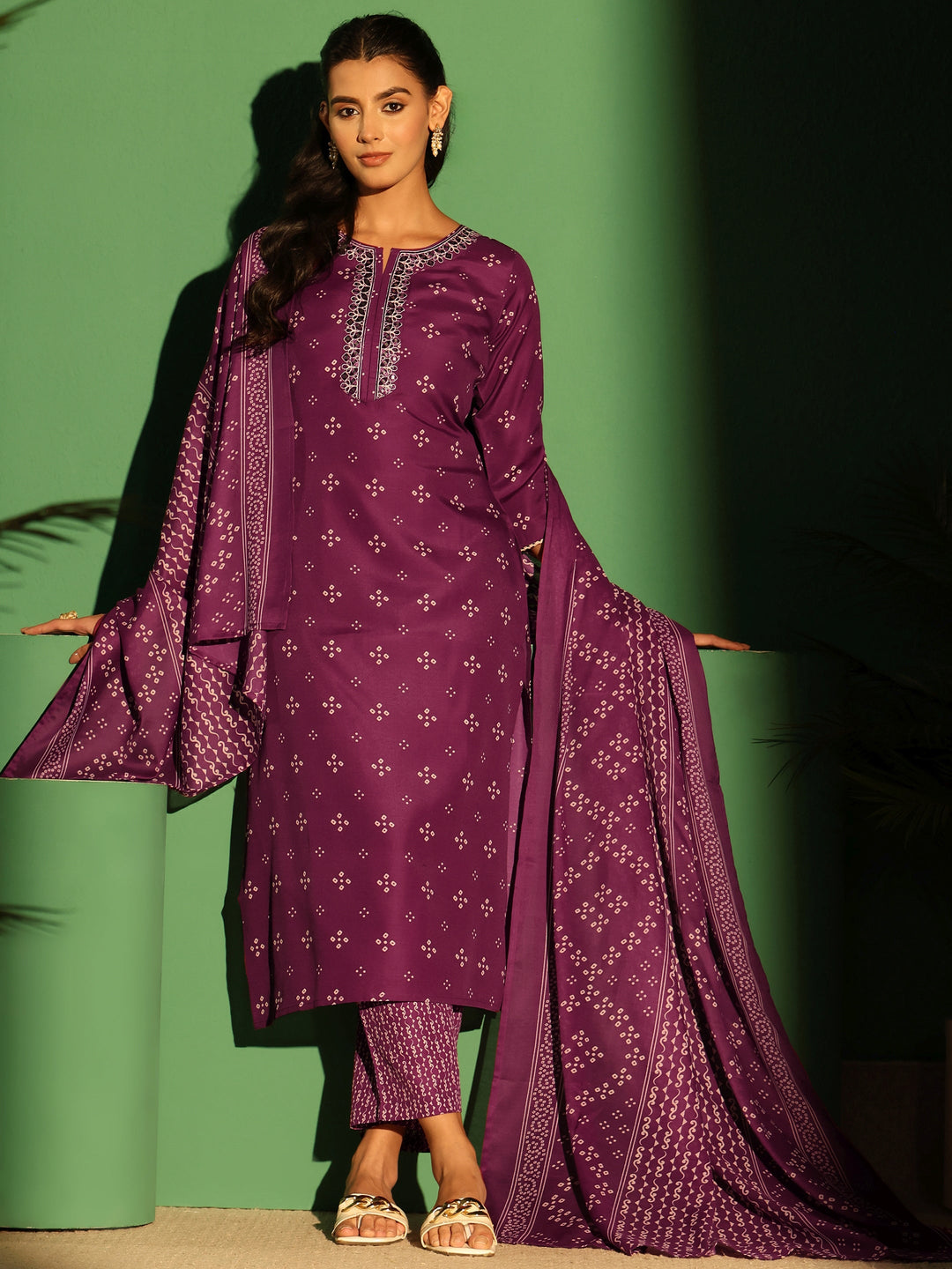  Gerua Plum Purple Bandhani Printed Cotton Blend Straight Suit Set 