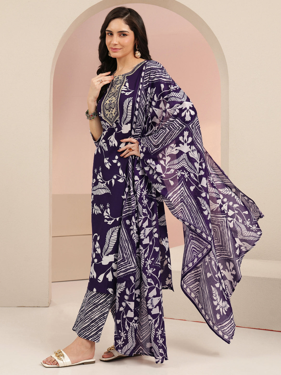  Gerua Plum Purple Floral Printed Cotton Blend Straight Suit Set 