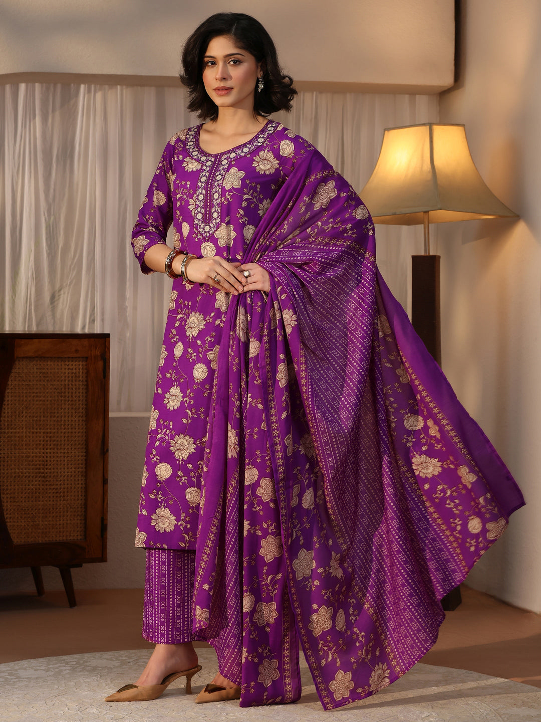  Gerua Purple Floral Printed Straight Suit Set 