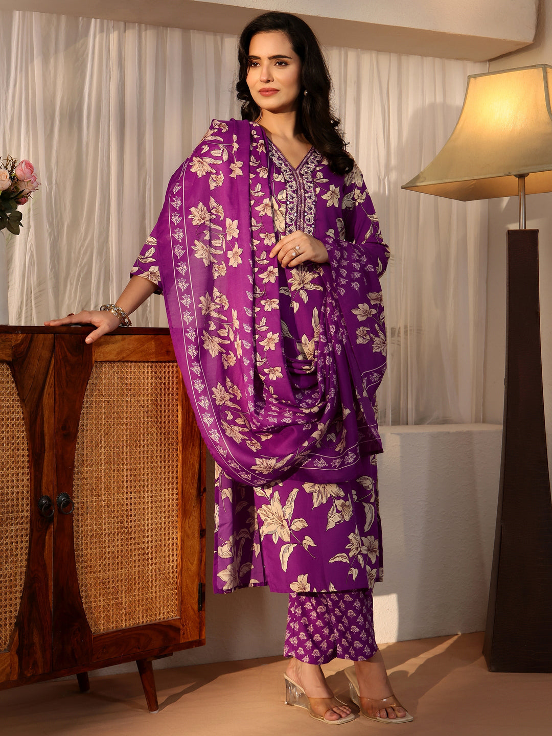  Gerua Purple Floral Printed Straight Suit Set 