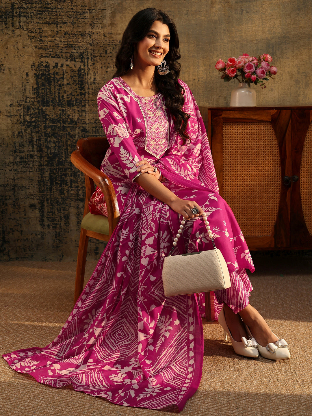  Gerua Rani Pink Floral Printed Cotton Blend Straight Suit Set 