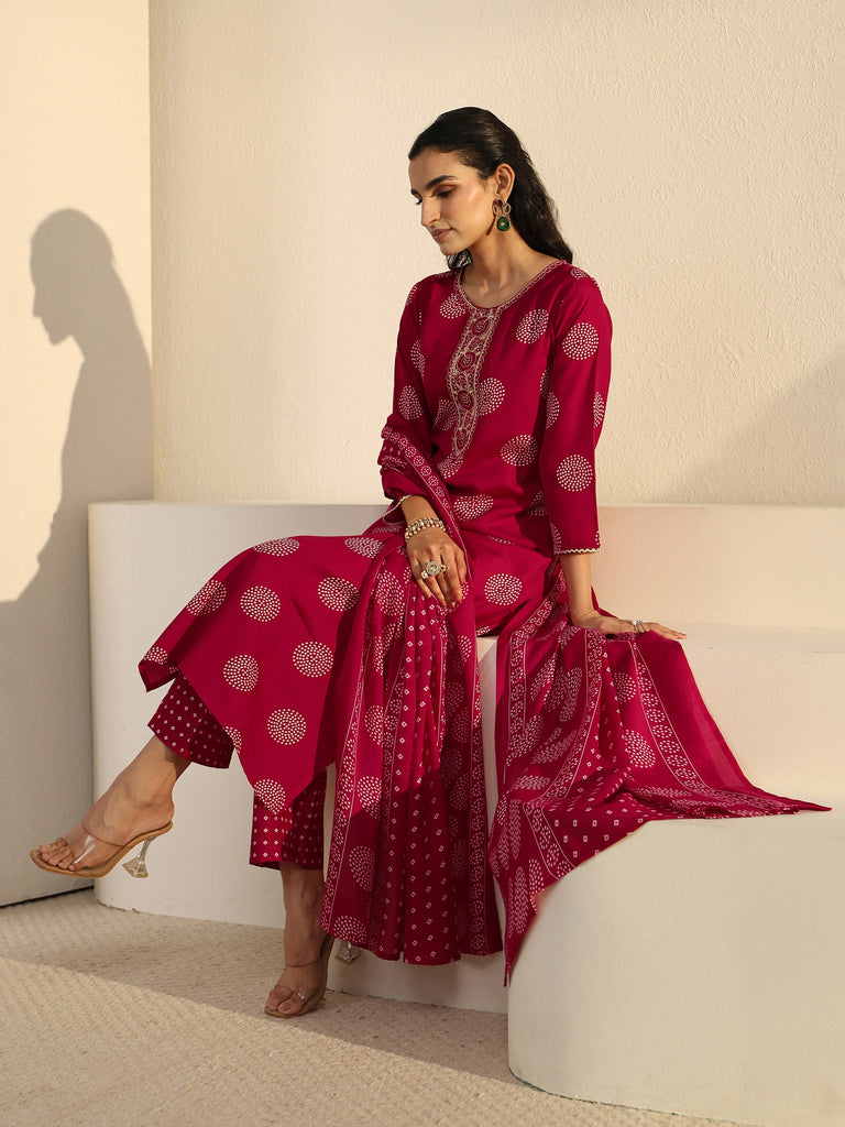 Gerua Red Circular Print Cotton Blend Straight Suit Set