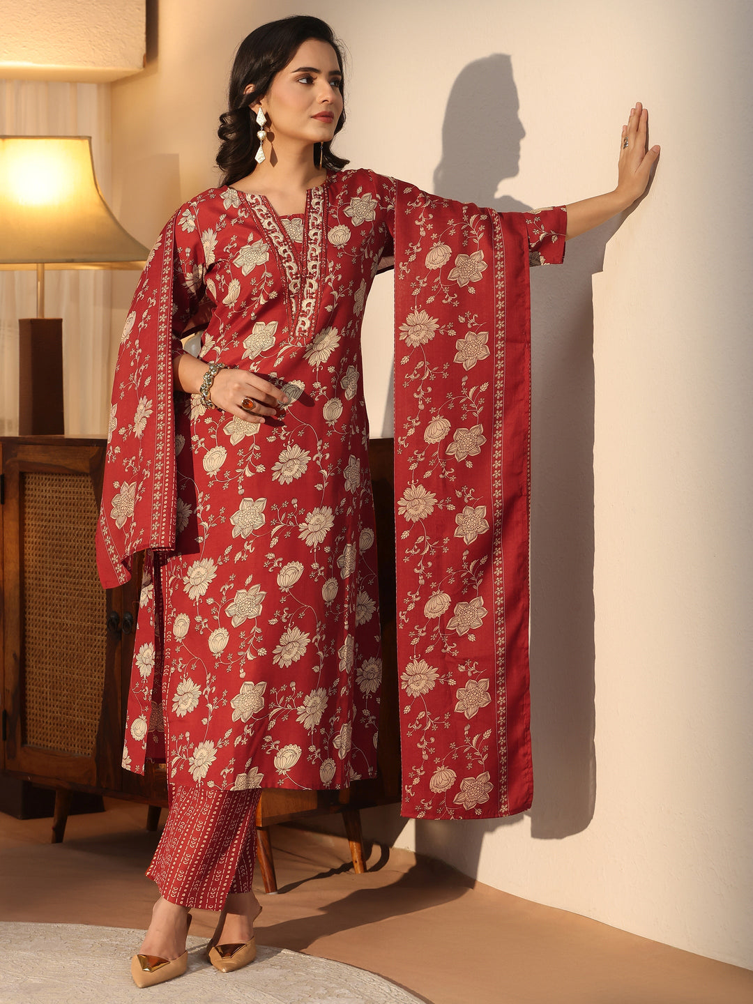  Gerua Rust Brown Floral Printed Straight Suit Set 