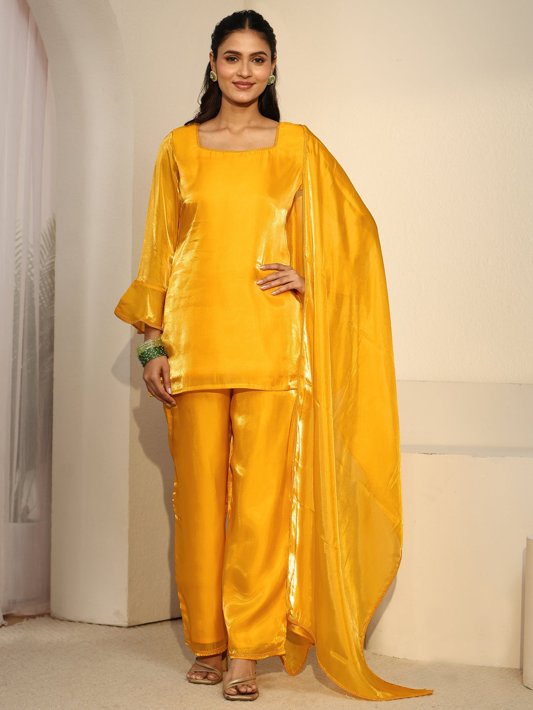 Gerua Sunshine Yellow Tissue Short Kurta Suit Set