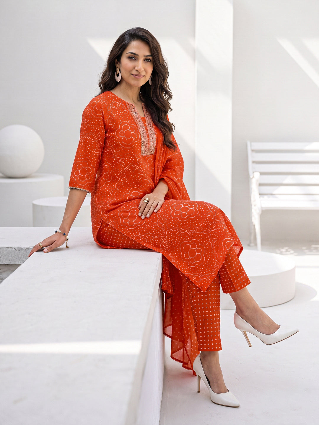 Gerua Tangerine Orange Bandhani Printed Straight Suit Set