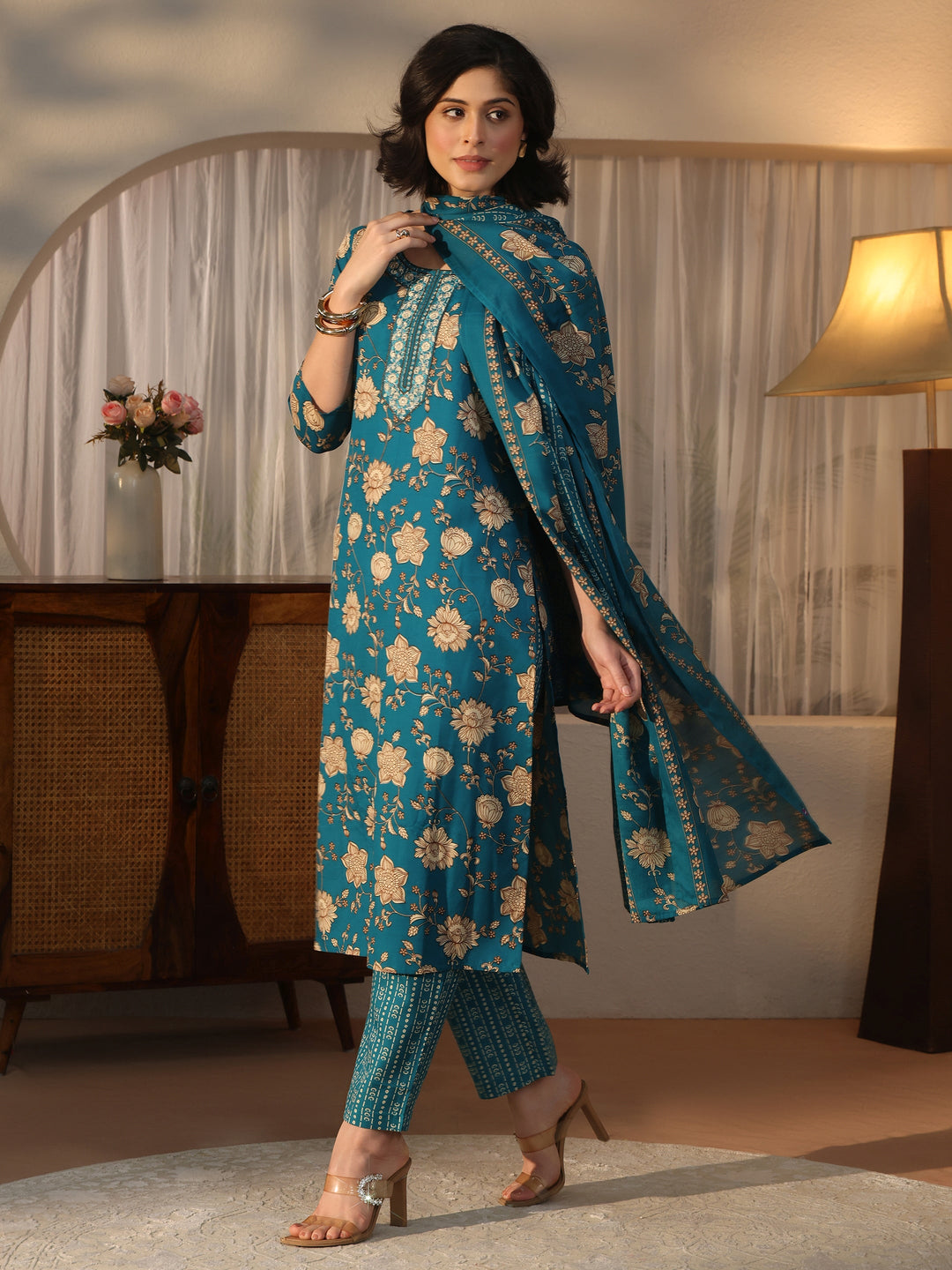 Gerua Teal Blue Floral Printed Straight Suit Set 