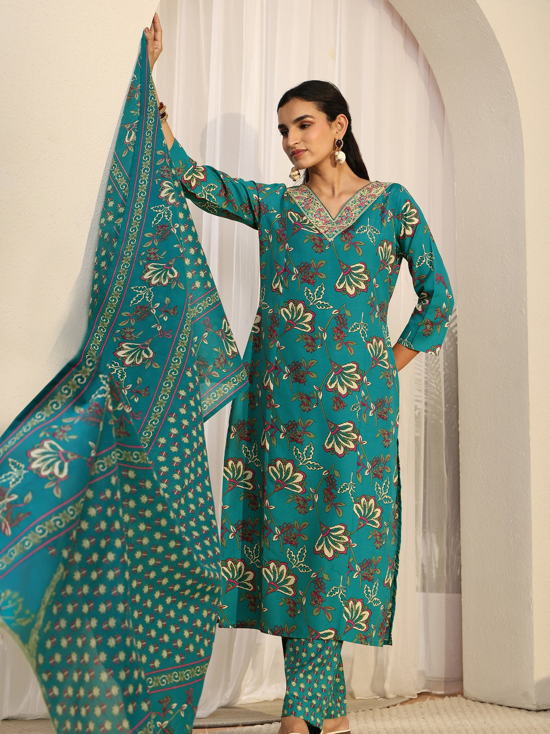 Gerua Turquoise Blue Floral Printed Cotton Blend Straight Suit Set