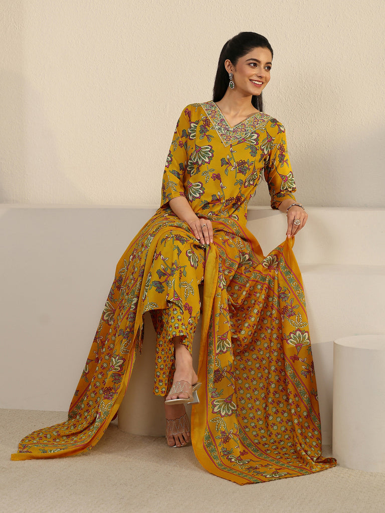 Gerua Yellow Floral Printed Cotton Blend Straight Suit Set