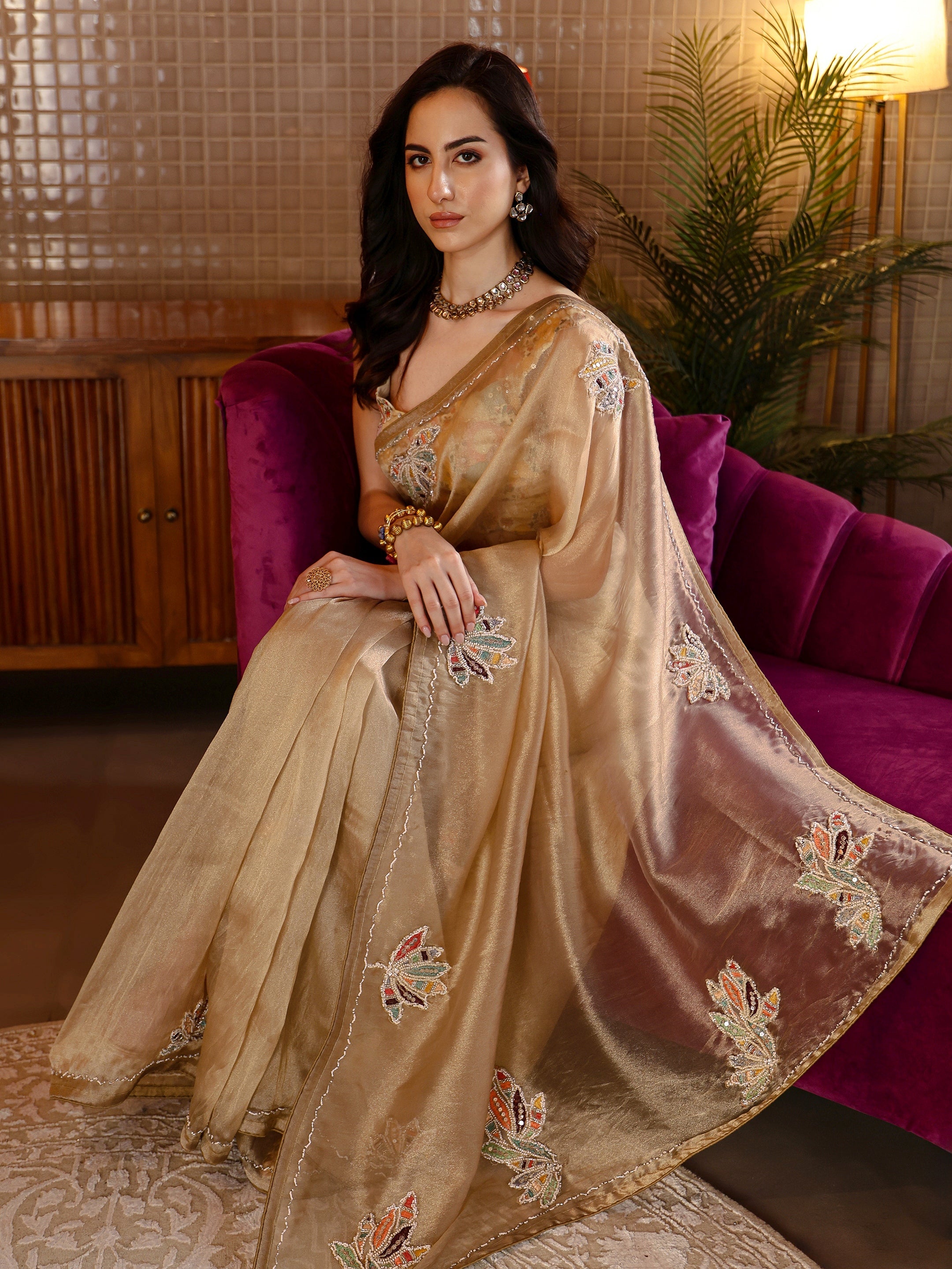 libas Gold Floral Embroidered Tissue Saree-picture-30