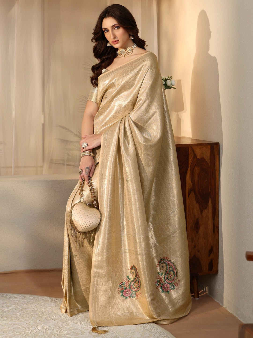  Gold Floral Silk Blend Saree 