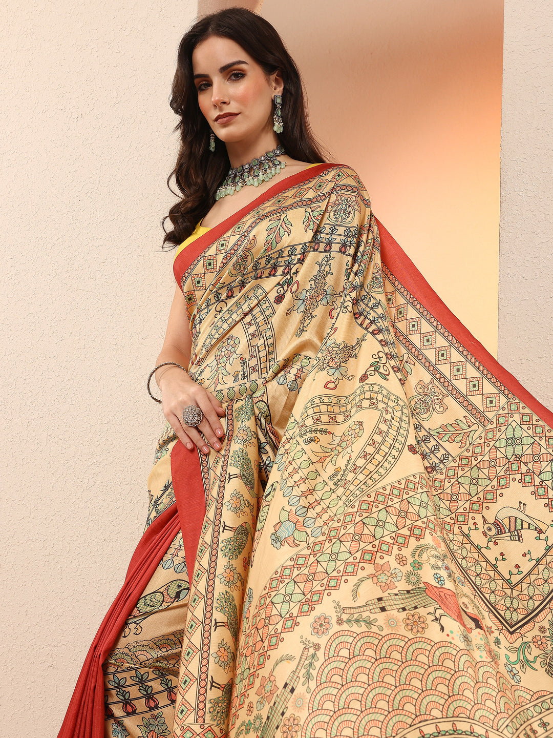Gold Printed Silk Blend Sarees With Unstitched Blouse Piece