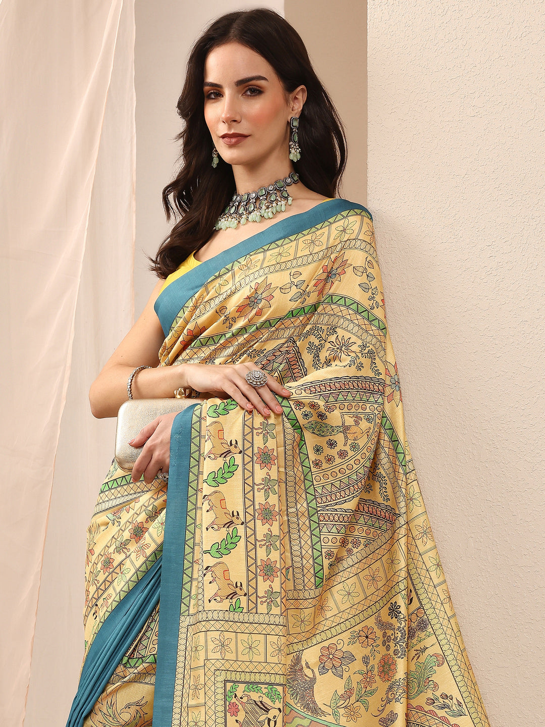 Gold Printed Silk Blend Sarees With Unstitched Blouse Piece