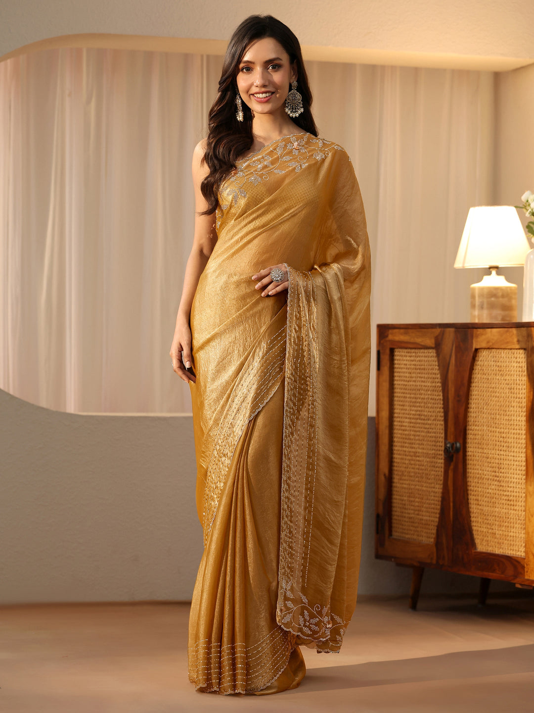  Gold Silk Blend Saree with Embellished Border 