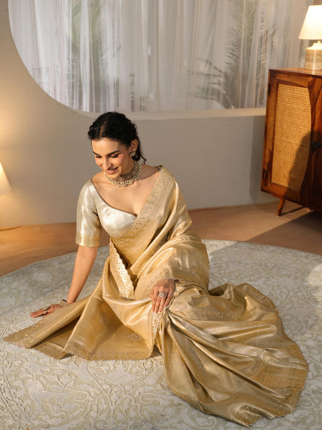  Gold Silk Blend Saree with Embellished Border 
