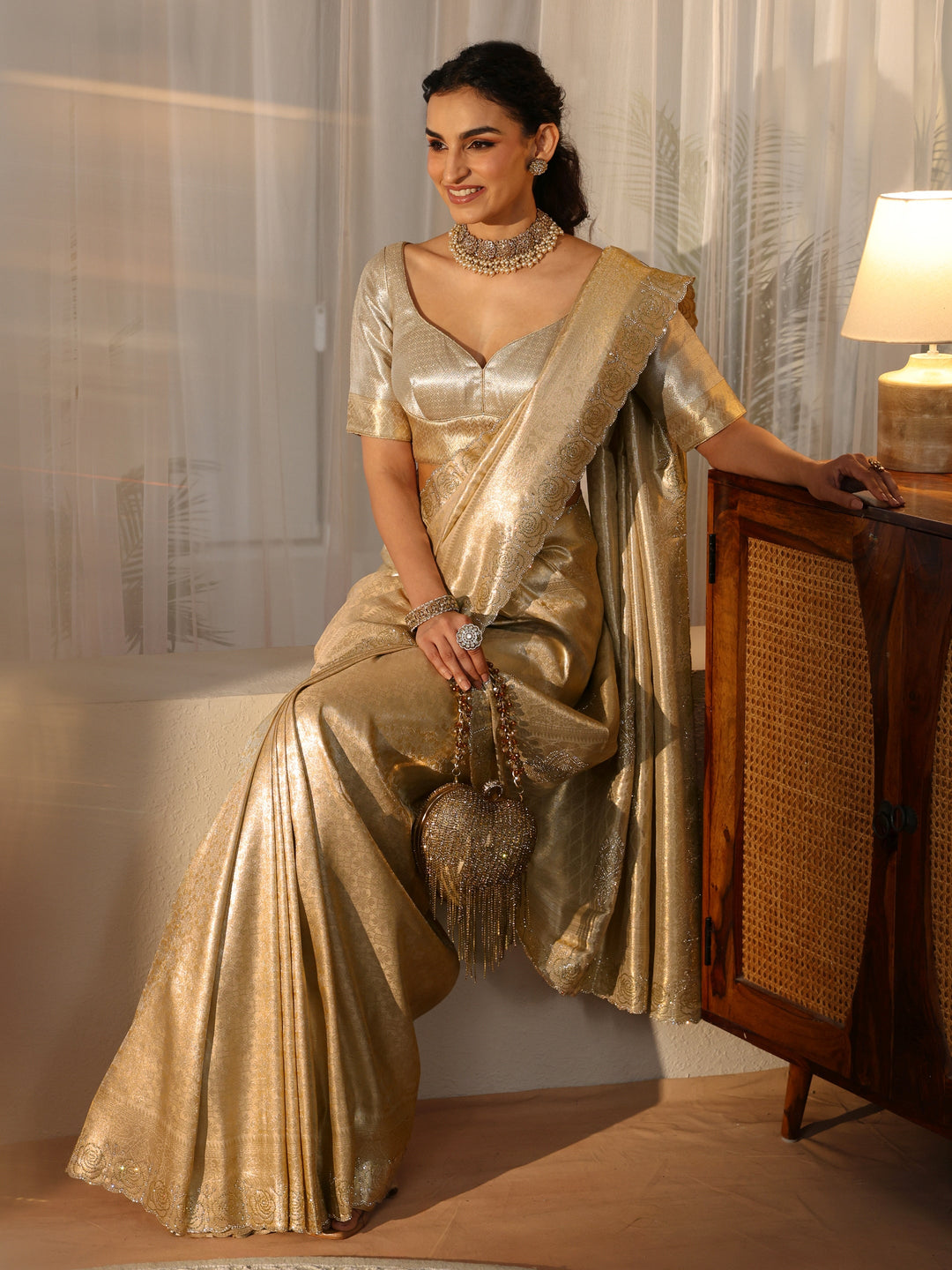  Gold Silk Blend Saree with Embellished Border 
