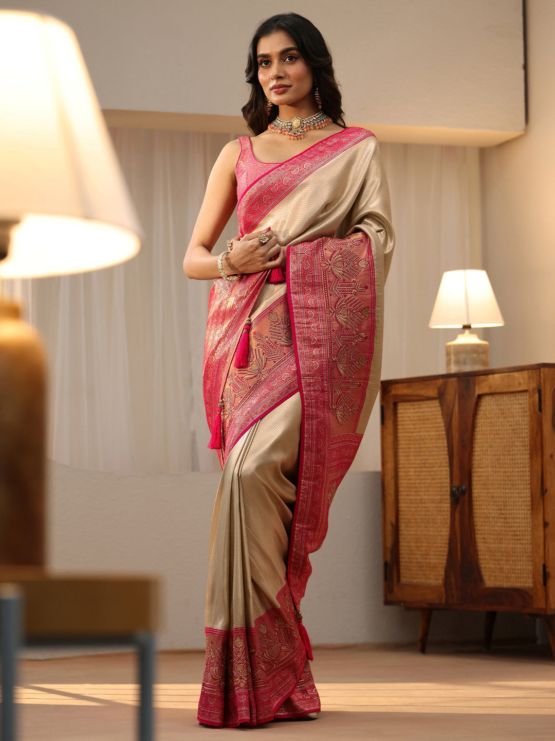  Gold Silk Blend Saree with Woven Border 