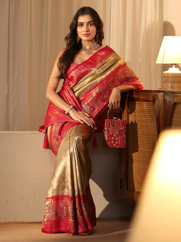 Libas Gold Silk Blend Saree with Woven Border
