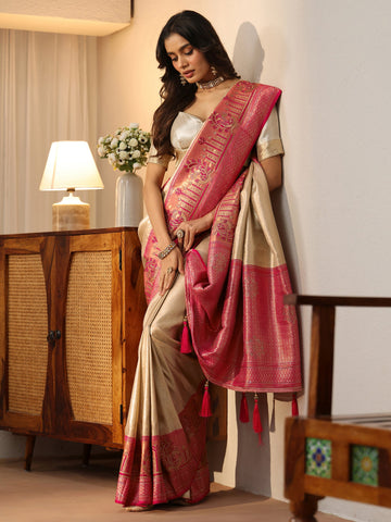 Libas Gold Silk Blend Saree with Woven Border