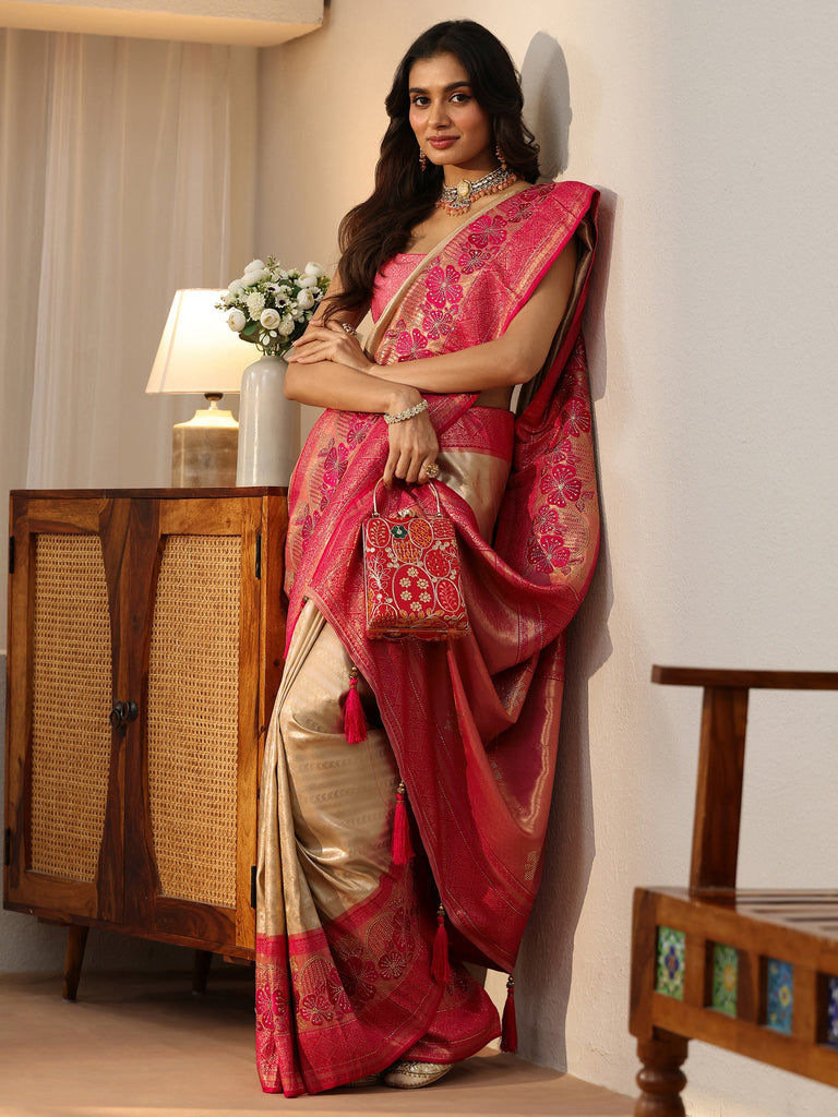 Libas Gold Silk Blend Saree with Woven Border