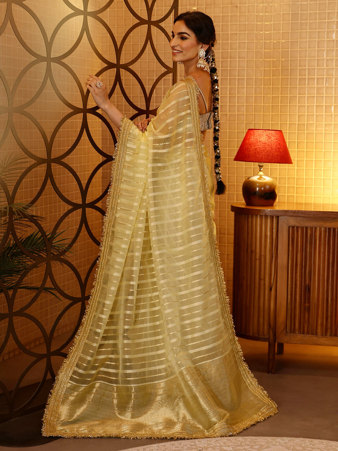  Gold Striped Woven Design Tissue Saree 