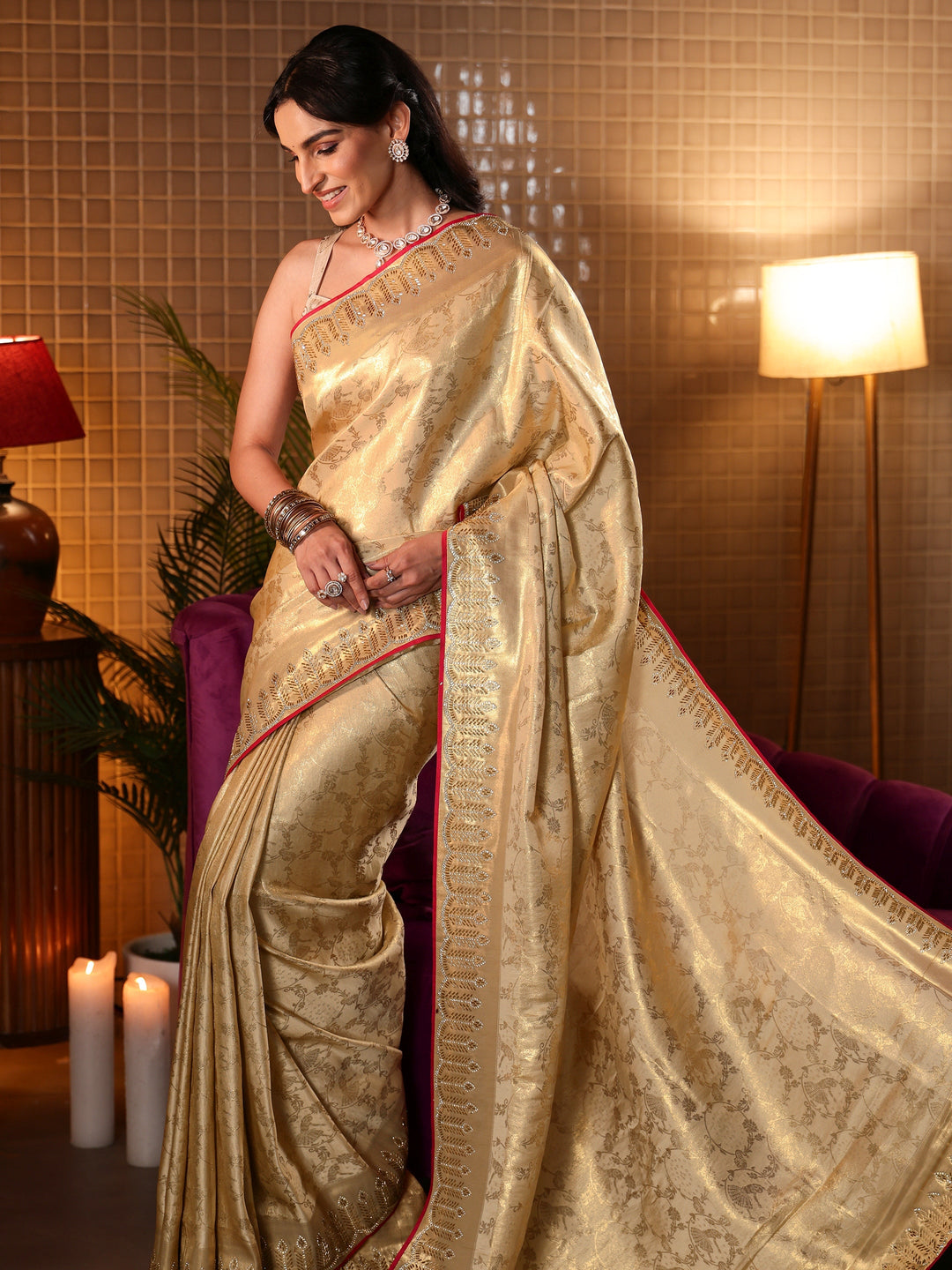  Gold Tribal Woven Design Satin Saree 