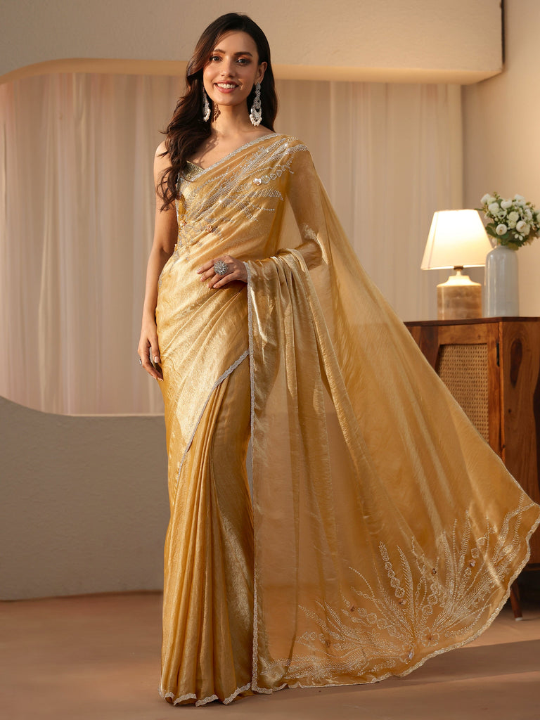 Libas Gold Yellow Floral Embellished Silk Blend Saree