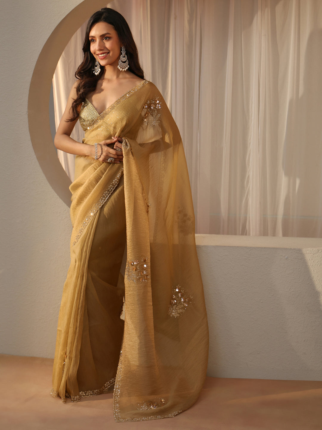  Golden Beige Floral Embellished Tissue Saree 